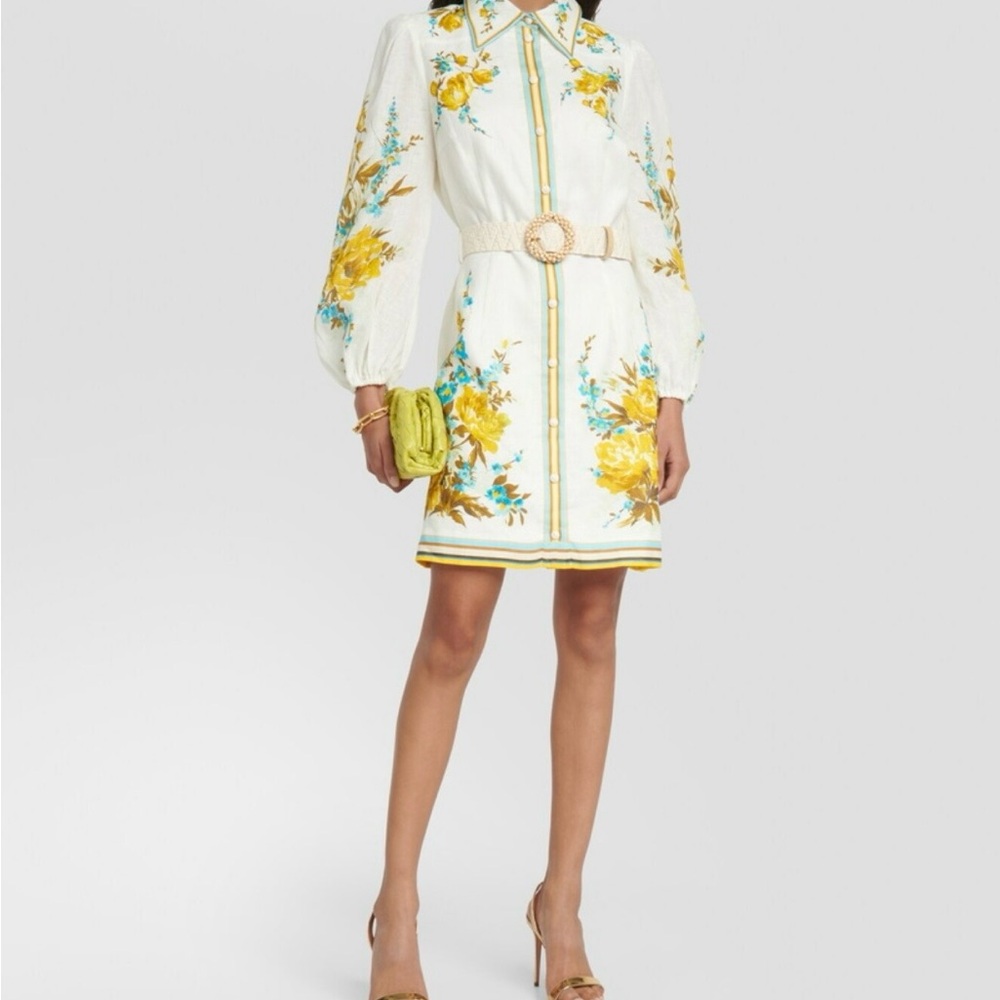 Zimmermann White Dress with Yellow Floral Accents HALCYON SHIRT DRESS